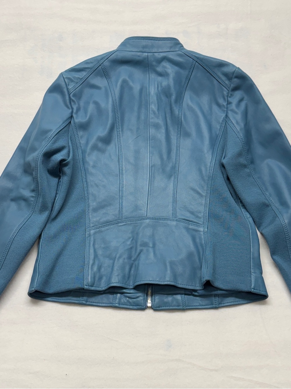 Neiman Marcus Exclusive Women's Blue Leather Zip-Front Jacket - Picture 2 of 14